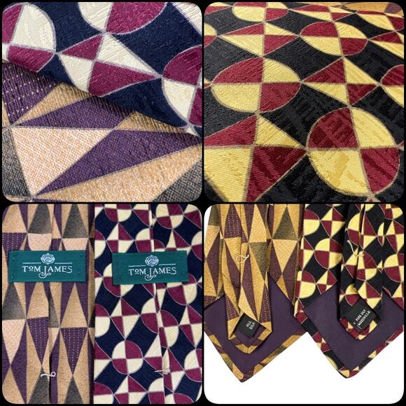 Tom James Bundle 2 Geometric Silk Neckties 60" Gold Cream Olive Purple Burgundy - Picture 7 of 10